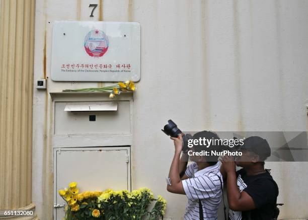 Yellow daisy flowers are seen as a symbol of friendships between Malaysia and North Korea in front of the North Korea embassy on 10 March 2017.