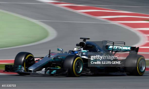 Mercedes' Finnish driver Valtteri Bottas drives at the Circuit de Catalunya on March 10, 2017 in Montmelo on the outskirts of Barcelona on the fourth...