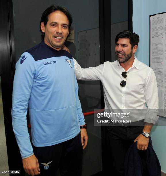 Marcelo Salas former SS Lazio player with SS Lazio head coach Simone Inzaghi after the SS Lazio Training Session at the Formello Center in Rome on...