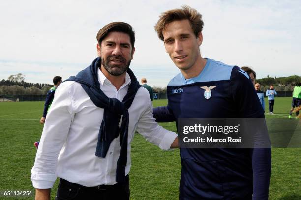 Marcelo Salas former SS Lazio player with Lucas Biglia of SS Lazio before the SS Lazio Training Session at the Formello Center in Rome on March 10,...