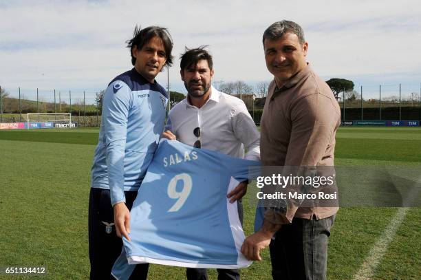 Marcelo Salas former SS Lazio player with SS Lazio Club Manager Angelo Peruzzi and SS Lazio head coach Simone Inzaghi after the SS Lazio Training...