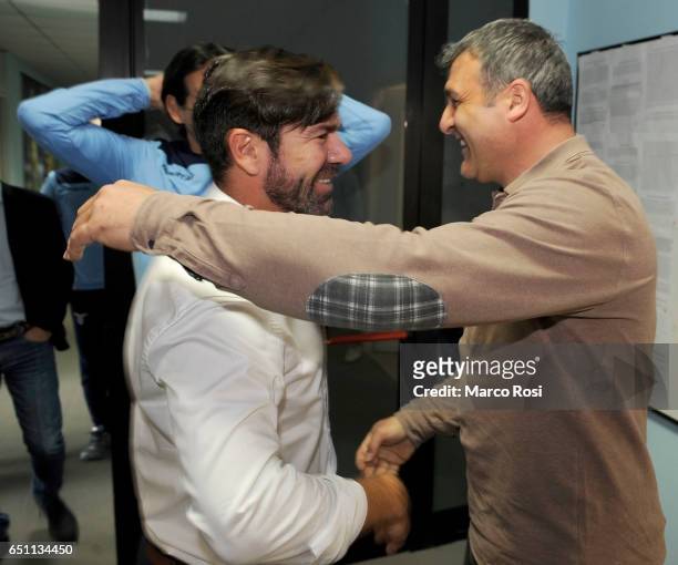 Marcelo Salas former SS Lazio player with SS Lazio Club Manager Angelo Peruzzi before the SS Lazio Training Session at the Formello Center in Rome on...