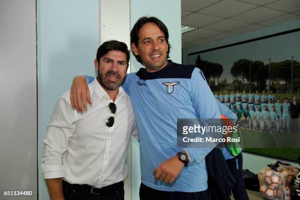 Marcelo Salas former SS Lazio player with SS Lazio head coach Simone Inzaghi after the SS Lazio Training Session at the Formello Center in Rome on...