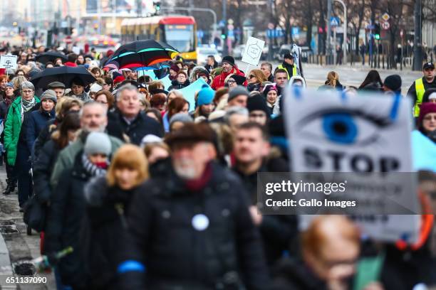 Thousands of people participate in the Miedzynarodowy Strajk Kobiet on March 08, 2017 in Warsaw, Poland. IWS is an initiative established by womens...