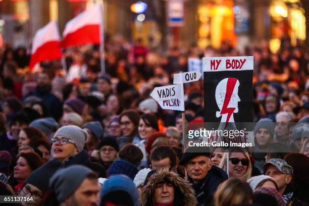 Thousands of people participate in the Miedzynarodowy Strajk Kobiet on March 08, 2017 in Warsaw, Poland. IWS is an initiative established by womens...