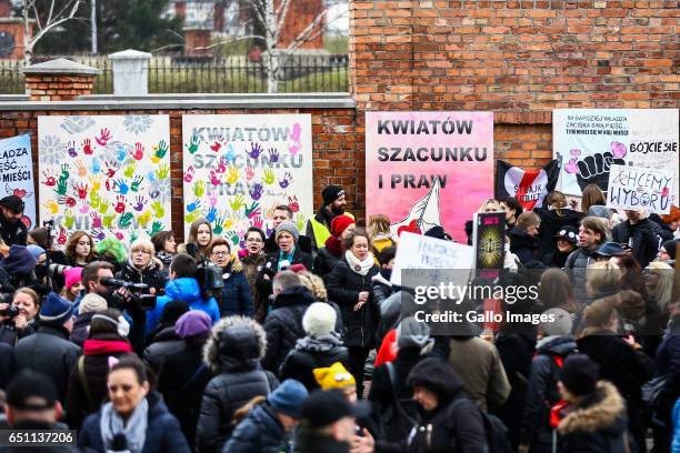 Women participate in the Miedzynarodowy Strajk Kobiet on March 08, 2017 in Warsaw, Poland. IWS is an initiative established by womens organizations...