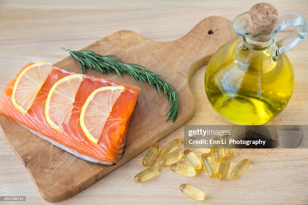 Fish oil and salmon fillet