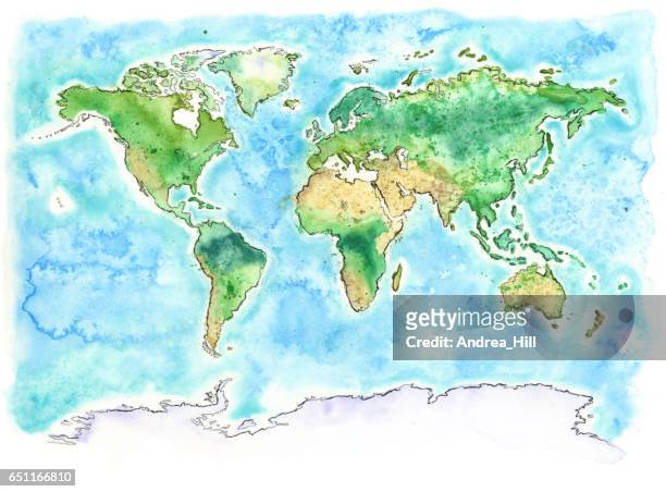 stockillustraties, clipart, cartoons en iconen met kaart van de wereld met aquarel textuur-raster illustratie - atlantic ocean