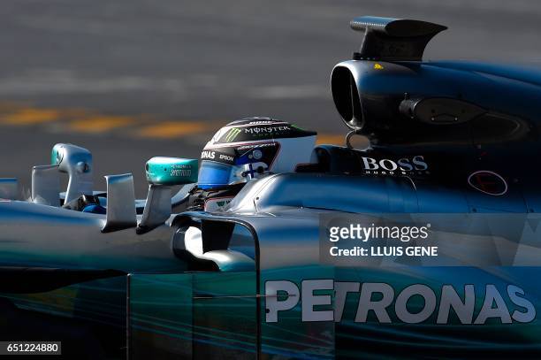 Mercedes' Finnish driver Valtteri Bottas drives at the Circuit de Catalunya on March 10, 2017 in Montmelo on the outskirts of Barcelona on the fourth...