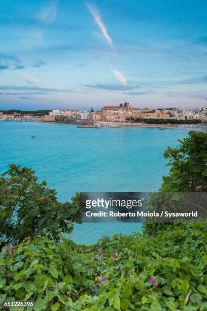 turquoise sea frames the medieval town otranto - otranto foto e immagini stock