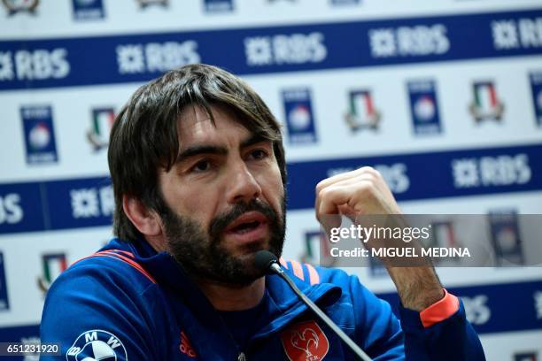 France's backs coach Jean-Frederic Dubois, attends a press conference prior the Captain's Run on the eve of the Six Nations International rugby union...