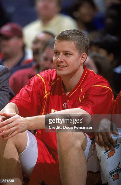 Hanno Mottola of the Atlanta Hawks looks from the bench during the game against the Washington Wizards at the MCI Center in Washington, D.C. The...