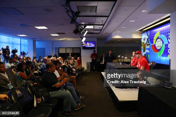 Freddie Freeman, Pete Orr, and Justin Morneau of Team Canada speak during the Pool C press conference for the World Baseball Classic on Thursday,...