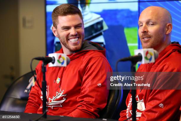 Freddie Freeman and Pete Orr Team Canada speak during the Pool C press conference for the World Baseball Classic on Thursday, March 9, 2017 at...