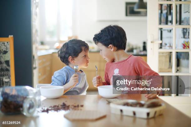 2 brothers having their breakfast - rivaliteit stockfoto's en -beelden