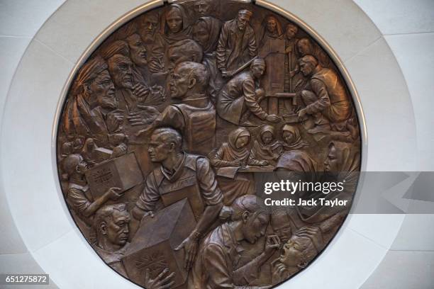 Detail view of the new Iraq and Afghanistan wars memorial in Victoria Embankment Gardens on March 10, 2017 in London, England. The sculpture by...