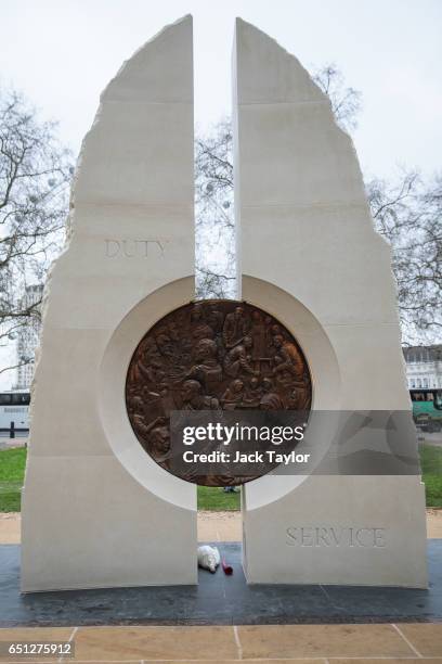 The new Iraq and Afghanistan wars memorial stands in Victoria Embankment Gardens on March 10, 2017 in London, England. The sculpture by British...