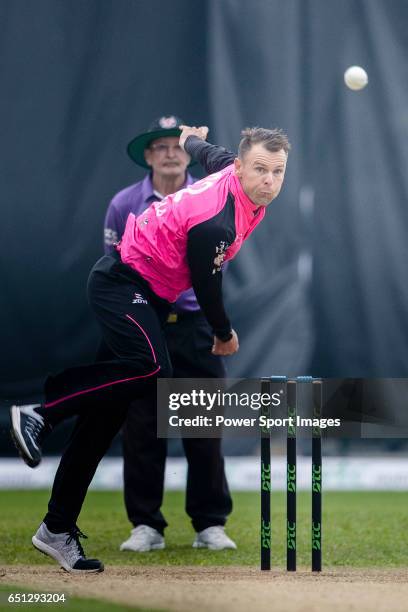 Johan Botha of Hung Hom JD Jaguars bowls during the Hong Kong T20 Blitz match between Kowloon Cantons and Hung Hom JD Jaguars at Tin Kwong Road...