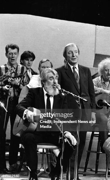 At the 25th Year celebration of The Dubliners on The Late Late Show, Ronnie Drew and Charles J Haughey, Dublin, .