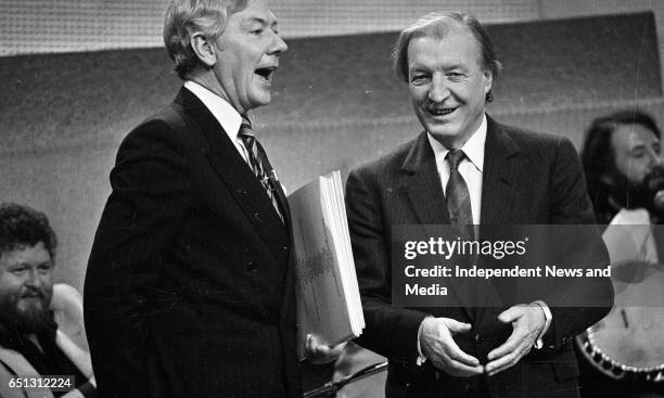 At the 25th Year celebration of The Dubliners on The Late Late Show, Gay Byrne and Charles J Haughey, Dublin, .