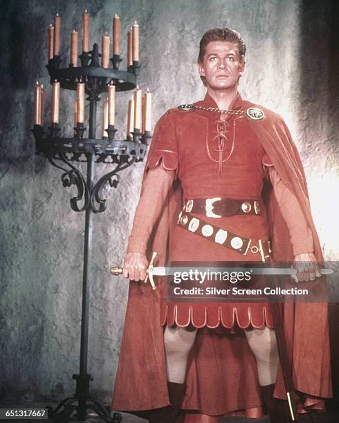 American actor George Nader as Lord Leofric in the historical drama 'Lady Godiva of Coventry', 1955.