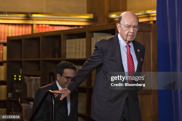 Wilbur Ross, U.S. Secretary of commerce, arrives to a news conference with Ildefonso Guajardo Villarreal, secretary of economy for Mexico, left, at...