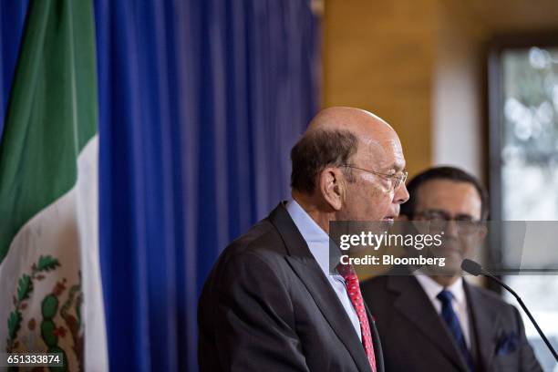 Wilbur Ross, U.S. Secretary of commerce, speaks as Ildefonso Guajardo Villarreal, secretary of economy for Mexico, right, listens during a news...