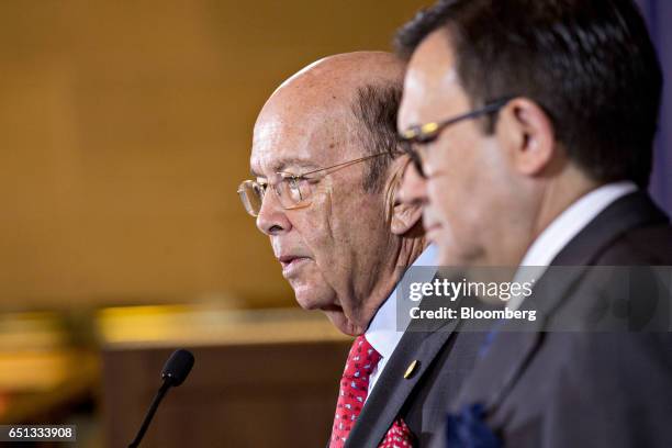 Wilbur Ross, U.S. Secretary of commerce, speaks as Ildefonso Guajardo Villarreal, secretary of economy for Mexico, right, listens during a news...