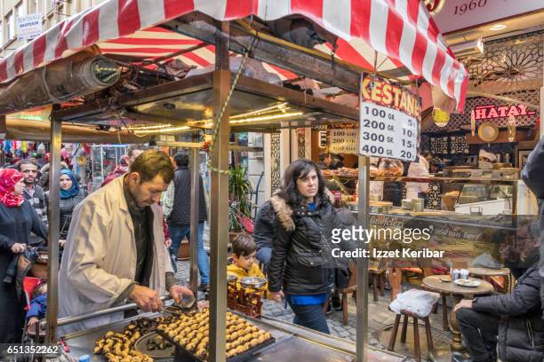 animated and colorful market at hasircilar, istanbul turkey - istanbul food stock pictures, royalty-free photos & images