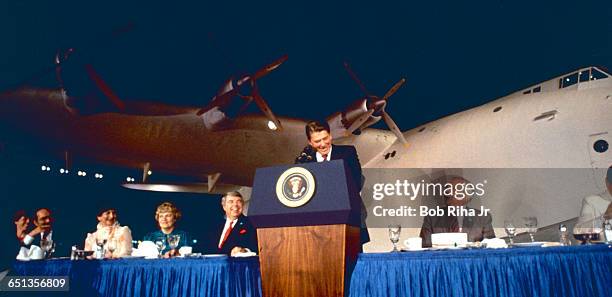 President Ronald Reagan at fundraising event inside the Howard Hughes 'Spruce Goose' geodesic dome on June 30, 1983 in Long Beach, California.