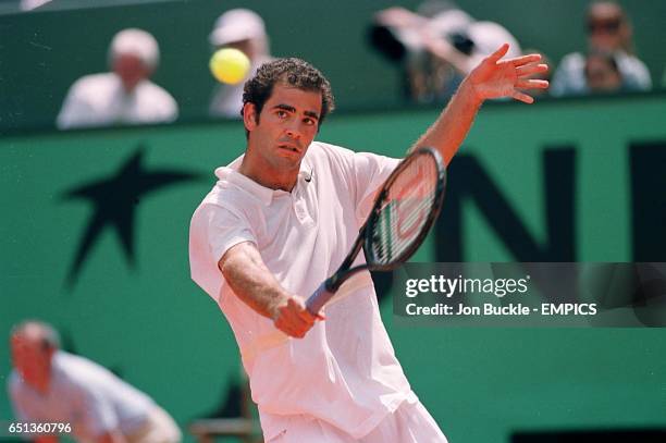 Pete Sampras in action during his second round loss to Galo Blanco at French Open at Roland Garros.