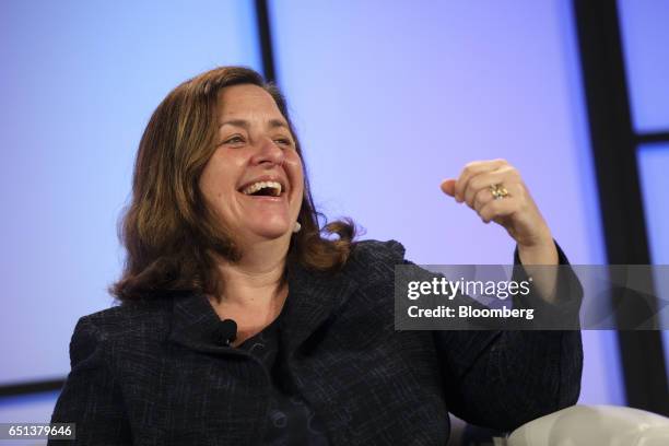 Susanne Daniels, global head of content at Youtube Inc., laughs during the Montgomery Summit in Santa Monica, California, U.S., on Thursday, March 9,...