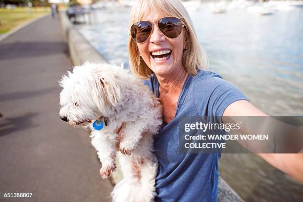 mature woman taking selfie with dog - animal selfies 個照片及圖片檔