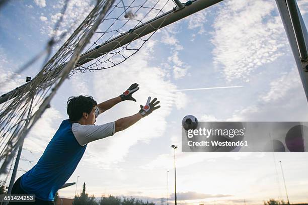 football goalkeeper making a safe - soccer goal stock pictures, royalty-free photos & images