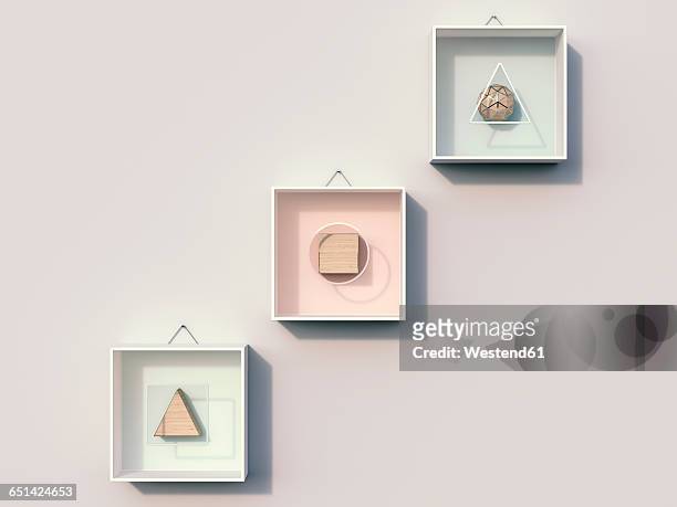 geometric shapes hanging on wall, 3d rendering - ordering stock illustrations