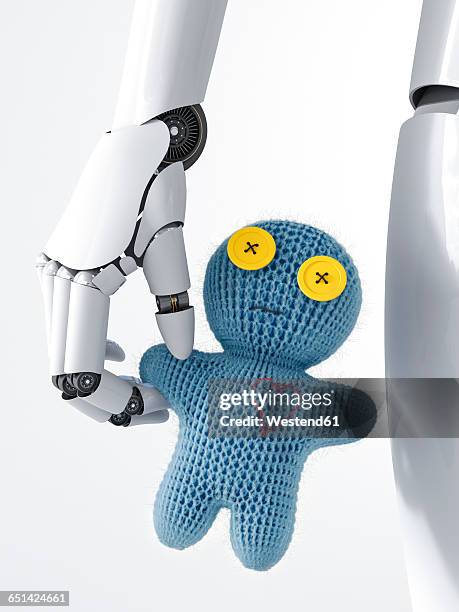 robot holding doll, 3d rendering - robotic heart stock-grafiken, -clipart, -cartoons und -symbole