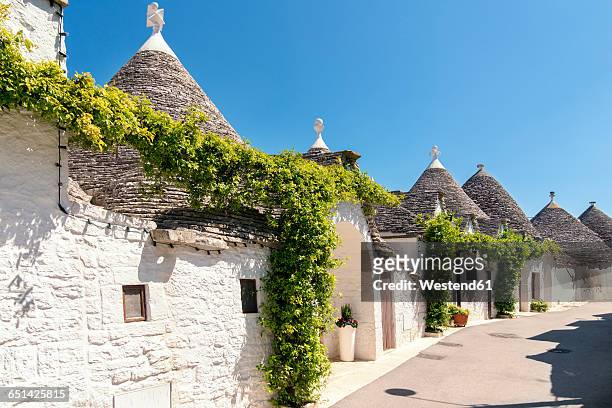 italy, apulia, alberobello, trulli, dry stone huts with conical roofs - alberobello stock-fotos und bilder