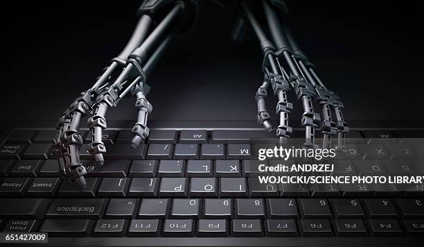 robotic hands typing, illustration - robot typing stock illustrations