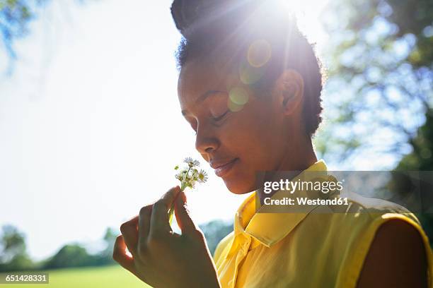 portrait of smiling young woman smelling flowers - scented foto e immagini stock