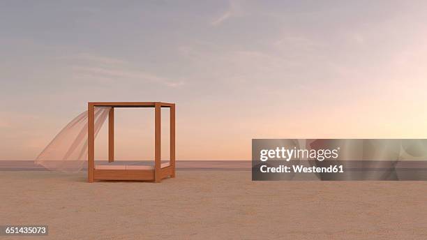 canopy bed on tranquil beach, 3d rendering - four poster bed stock illustrations