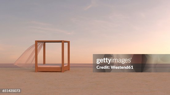 Canopy bed on tranquil beach, 3d rendering Canopy bed on tranquil beach, 3d rendering