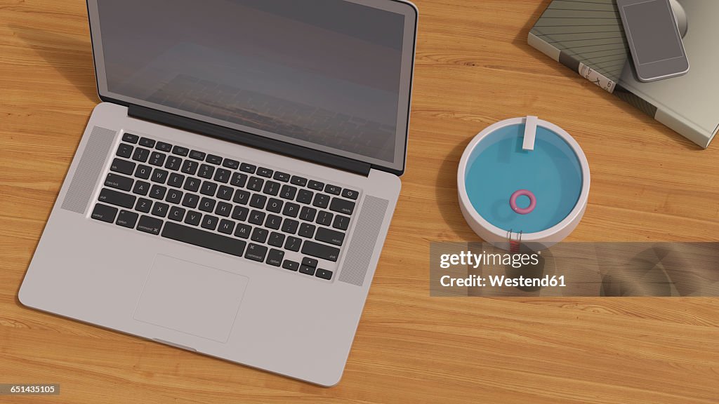 Workspace With Laptop And Miniature Swimming Pool 3d Rendering High-Res ...