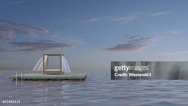 canopy bed on platform in the sea, 3d rendering - floating on water stock illustrations