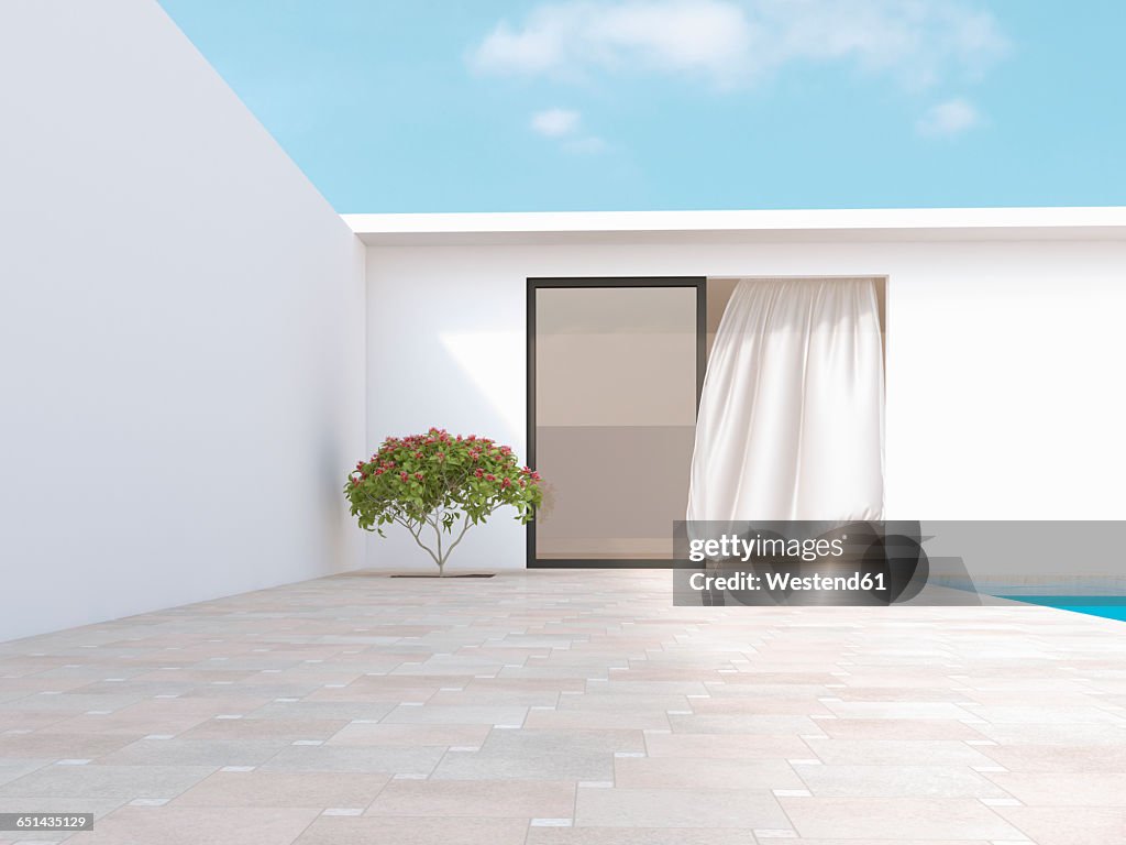 Bright courtyard with red frangipani and blowing curtain, 3d rendering
