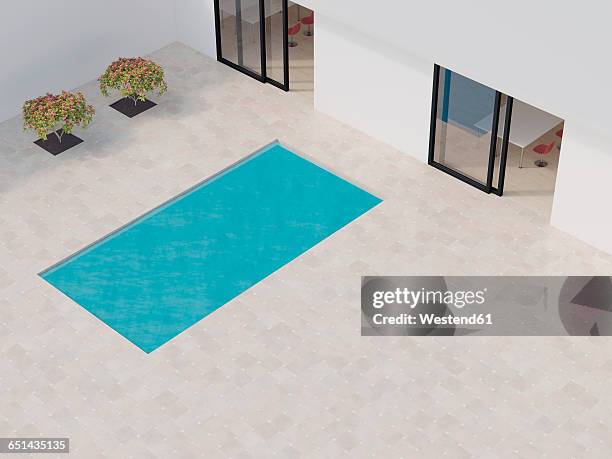 bright courtyard with pool, 3d rendering - pool top view stock illustrations