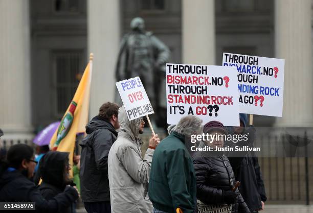 Protesters march during a demonstration against the Dakota Access Pipeline on March 10, 2017 in Washington, DC. Thousands of protesters and members...