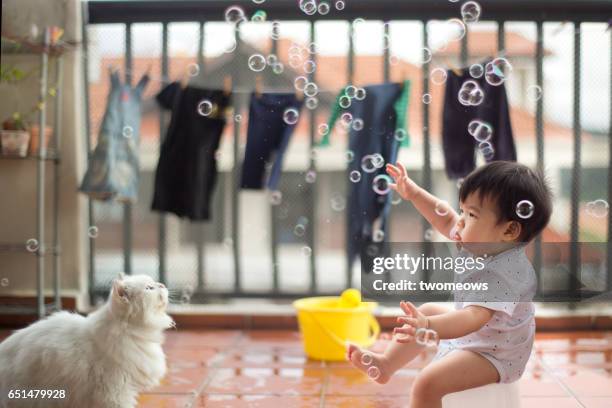 Asian toddler boy catching soap bubble.