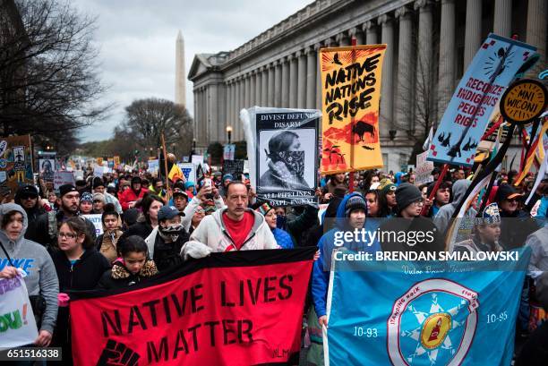 Activists gather protesting the Dakota Pipeline during the Native Nations Rise protest on March 10, 2017 in Washington, DC. Native tribes from around...