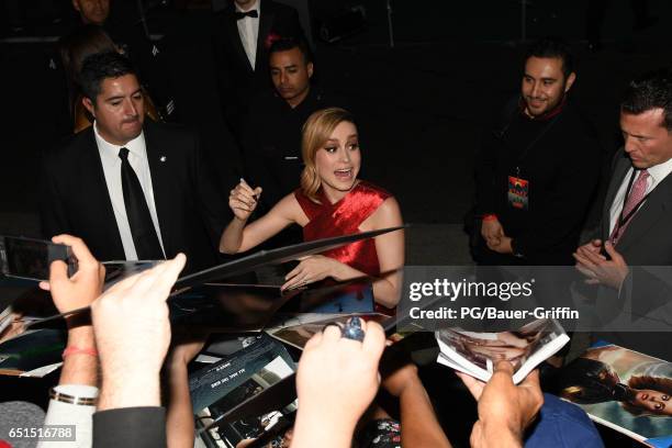 Brie Larson is seen arriving at the premiere of Kong: Skull Island on March 08, 2017 in Los Angeles, California.