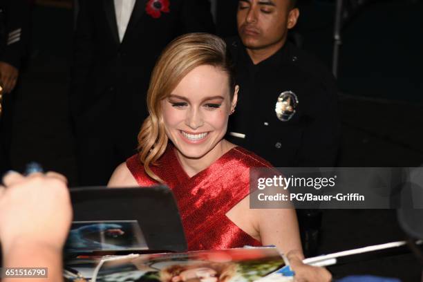 Brie Larson is seen arriving at the premiere of Kong: Skull Island on March 08, 2017 in Los Angeles, California.